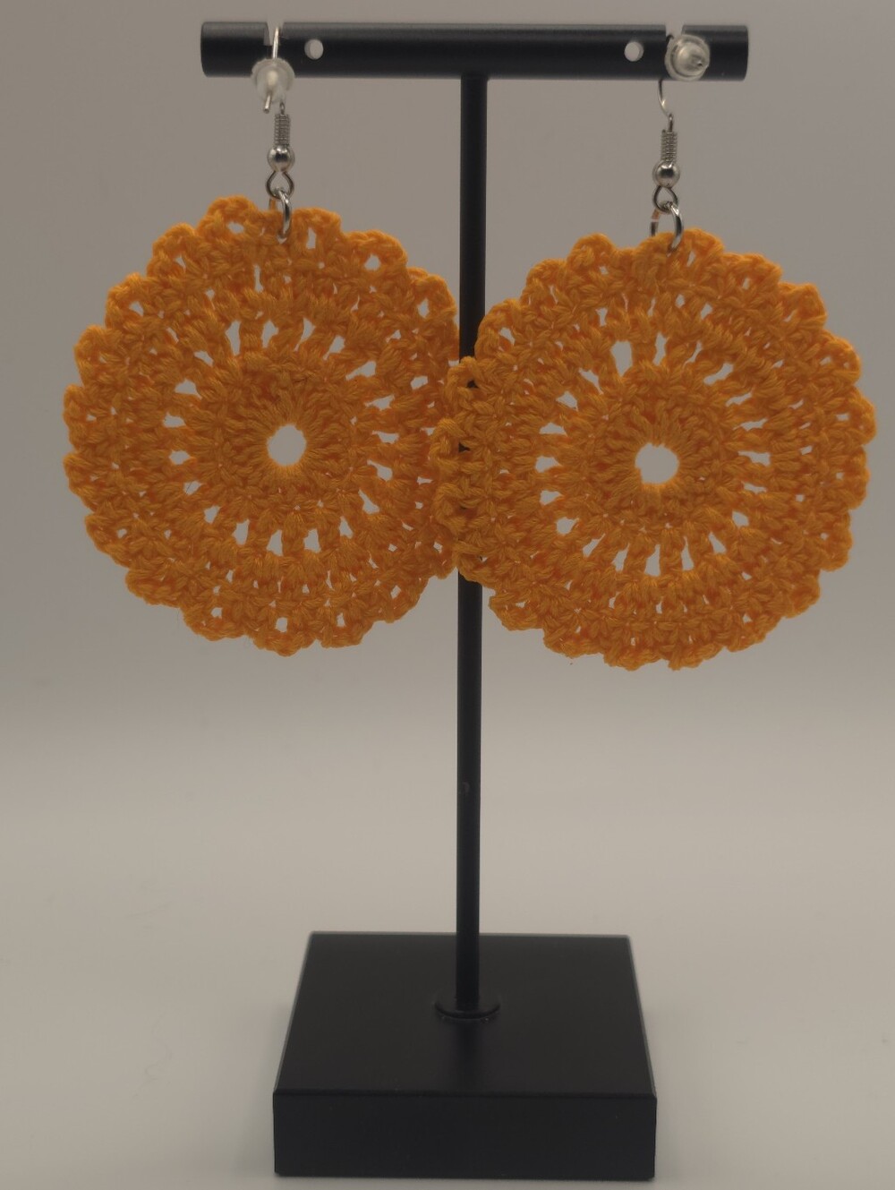 Handmade Yellow Crochet Circle Earrings - Picture 3 of 3